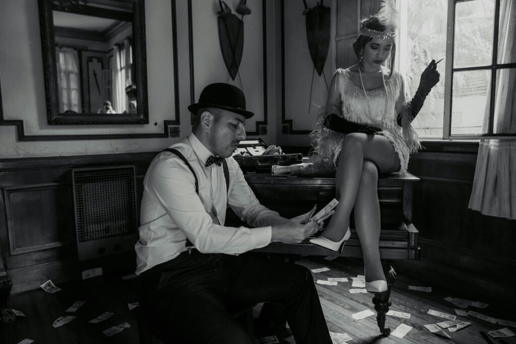 A nostalgic 1920s scene of a couple in Buenos Aires, exuding vintage fashion and high society charm.